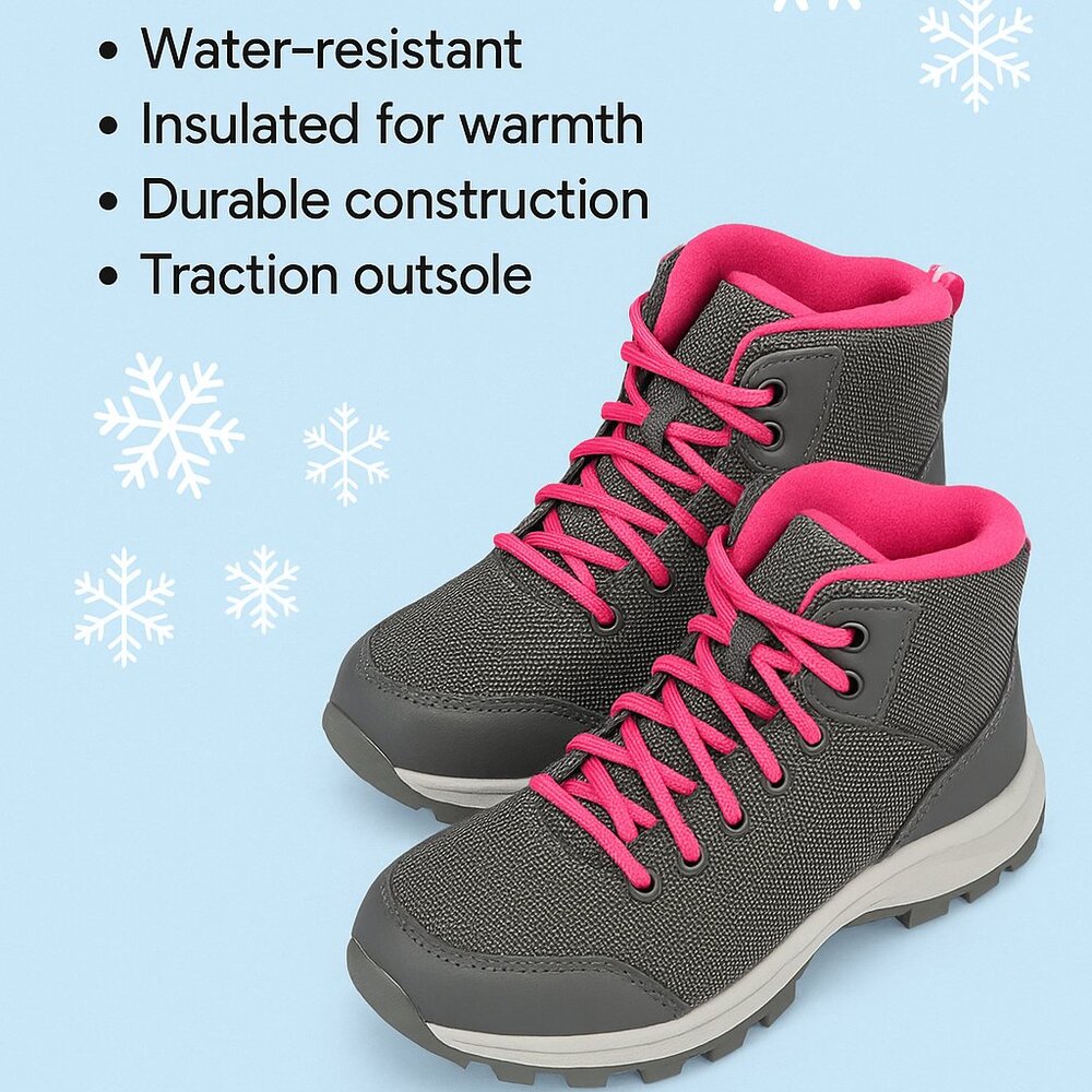 All In Motion Girl's Gray and Pink Lace-Up Boots, Size 13Y, NWT
